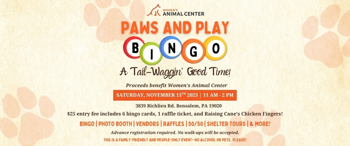 Paws & Play Bingo supporting Women's Animal Center. Saturday, November 15th, 11 AM - 2 PM.